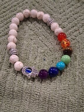Handmade Multicolor Beaded Hamsa Charm Bracelet - White and Rainbow Beads